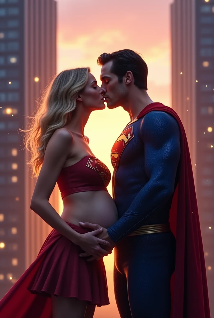 Super girl and superman are kissing, she is pregnant, intimate, bare belly