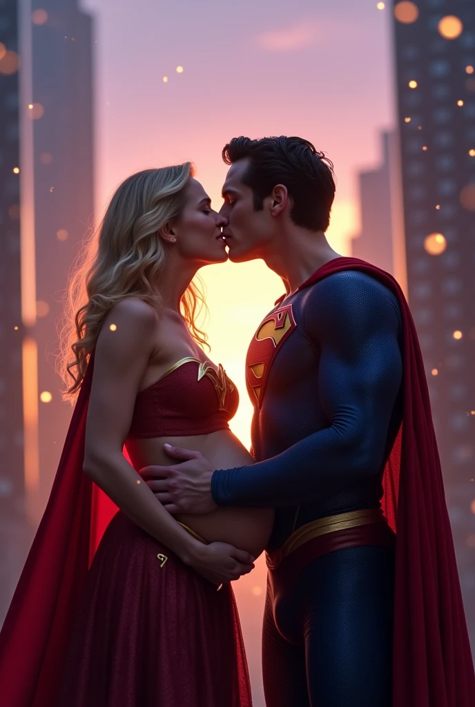 Super girl and superman are kissing, she is pregnant, intimate, bare belly