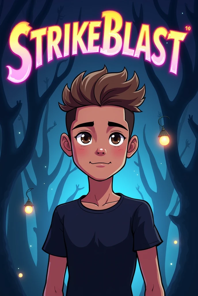 Create an image with minimum dimensions of 128x128px and maximum of 3000x3000px that is cartoon style and has the word StrikeBlast written on it., with a dark but fantasy background but with a cartoonish young man , with black shirt, Light brown hair, slightly curly and shaved on the sides