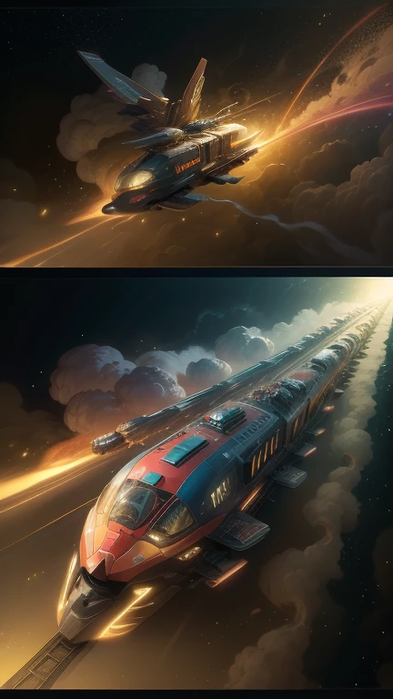 Fantasy，8k,Extremely detailed, masterpiece,High resolution,Highest quality,Increase the resolution,Cinema Lighting,Different space，4 dimensional world，Night on the Galaxy Express，cyber-，Steam locomotive type，A spaceship pulling multiple passenger cars，Maneuvering with Ether，30-car train、Run through the space zone，Numerous stars，Many Galaxies，Milky Way，Cruising at the speed of light，Seeing the Earth in the distance，Super Express，Going to Andromeda，Wide angle of view，Vision，Floating in the air，In the dazzling light，Extremely colorful，The whole carriage is visible，S-shaped，Rail of light，999，colorful cloud nebula