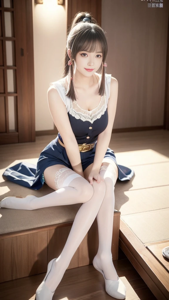 street, Single ponytail, Side Ponytail, High Ponytail, Long legs, (Sleeveless lace shirt), (shorts), (Striped stockings)), ((Striped stockings)), Sitting,翘着笔直的Long legs, elegant, dignified, Feminization, Curvy beauty, sweet smile, Strong sense of detail and layering, color绚丽丰富, Has a unique texture, 丰富的color, color, lifelike, Design Art, 16K, Very detailed, {{illustration}}, {Extremely exquisite and beautiful}, {Delicate finish}, Extremely detailed, Delicate and shining eyes, {{Movie Lighting}}, Extreme lighting effects, Model: cinematic realism, CFG scale: 12, Lola: Bright texture (1.35), high quality, masterpiece, Exquisite facial features, Delicate hair depiction, Delicate eye expression, masterpiece, best quality, Ray Tracing, Extremely detailed CG unity 8k wallpaper, masterpiece, best quality