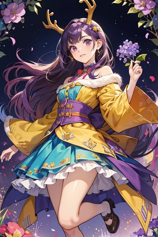 Danessa has medium brown skin with lighter patches around her eyes and spots on her cheeks and forehead. She has medium brown eyebrows, medium brown eyes, a black nose, and salmon lips. Her purple hair is loose around her golden deer ears and antlers down to her waist. She does not have a tail.
Her outfit starts with a light blue molded-on bodice with a light blue ruffle down the middle with five purple buttons and is surrounded by yellow, red, and purple flowers. Her green skirt is removable with a yellow elastic band and is printed with red, purple, orange, and yellow flowers. The trim is simple-cut. The look is augmented with a removable tan fur stole.
She wears light blue Mary Jane shoes. SPARKLE; GLITTER