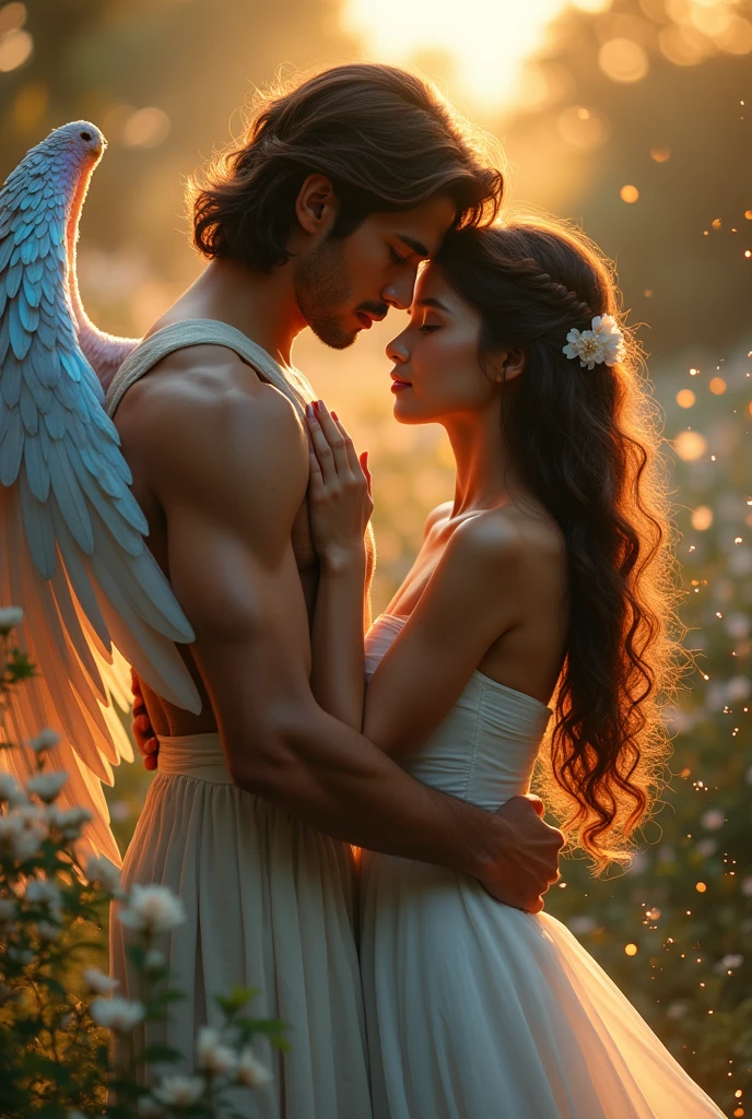 A man with wings hugging a girl in strapless white dress from behind, his hand on her neck.