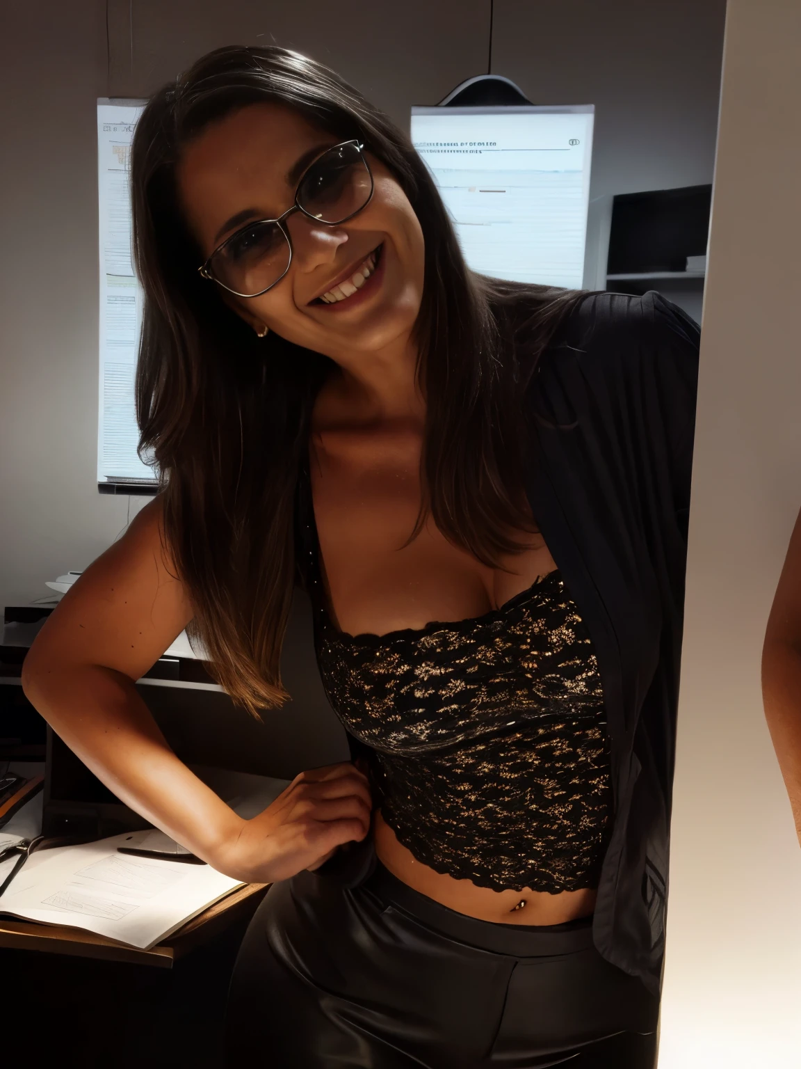 social maffia, modern urban chique bureau, friendly business photo of smiling lawyer (WOMAN) with transparent black sunglasses, extrem light from lamp, dark room