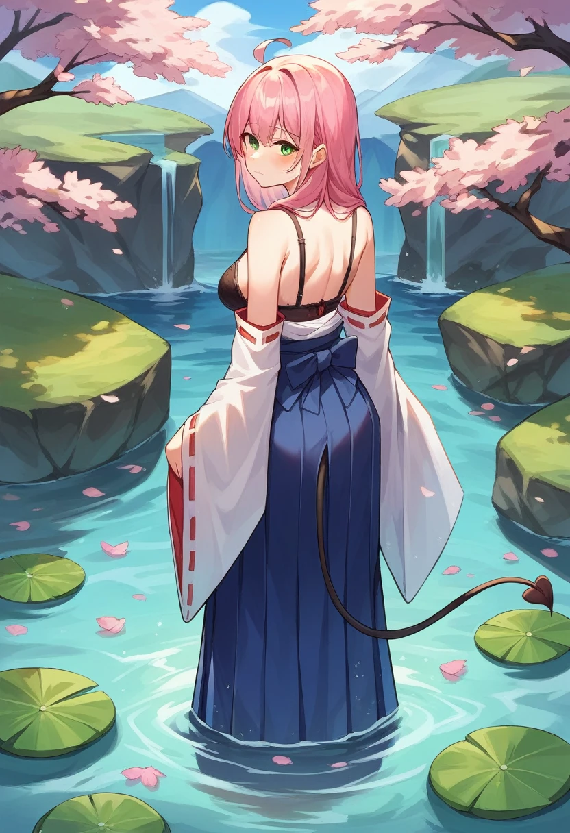 1girl, solo, long hair, breasts, looking at viewer, blush, bangs, skirt, bare shoulders, medium breasts, closed mouth, underwear, green eyes, standing, tail, full body, pink hair, ahoge, outdoors, detached sleeves, japanese clothes, looking back, wide sleeves, kimono, water, from behind, black footwear, bra, blue skirt, sash, obi, cherry blossoms, black bra, hakama, demon tail, hakama skirt, wading, long skirt, white kimono, hip vent, blue hakama