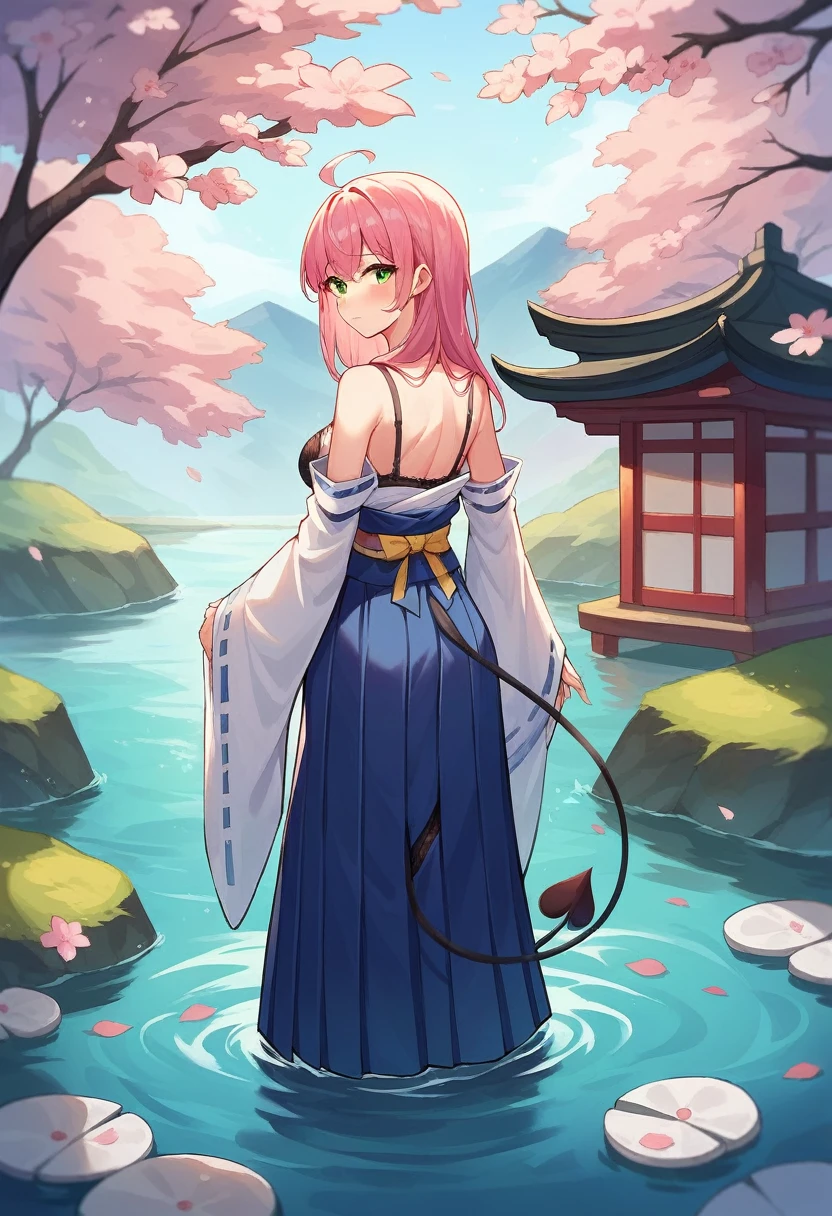 1girl, solo, long hair, breasts, looking at viewer, blush, bangs, skirt, bare shoulders, medium breasts, closed mouth, underwear, green eyes, standing, tail, full body, pink hair, ahoge, outdoors, detached sleeves, japanese clothes, looking back, wide sleeves, kimono, water, from behind, black footwear, bra, blue skirt, sash, obi, cherry blossoms, black bra, hakama, demon tail, hakama skirt, wading, long skirt, white kimono, hip vent, blue hakama