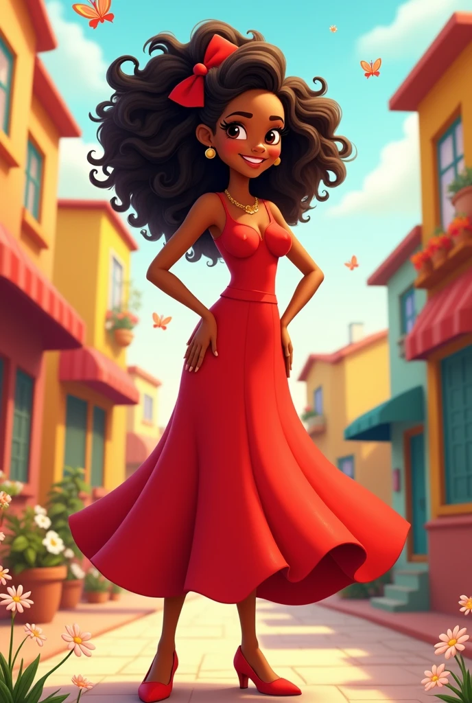 female cartoon character with brown skin and red dress and curly hair