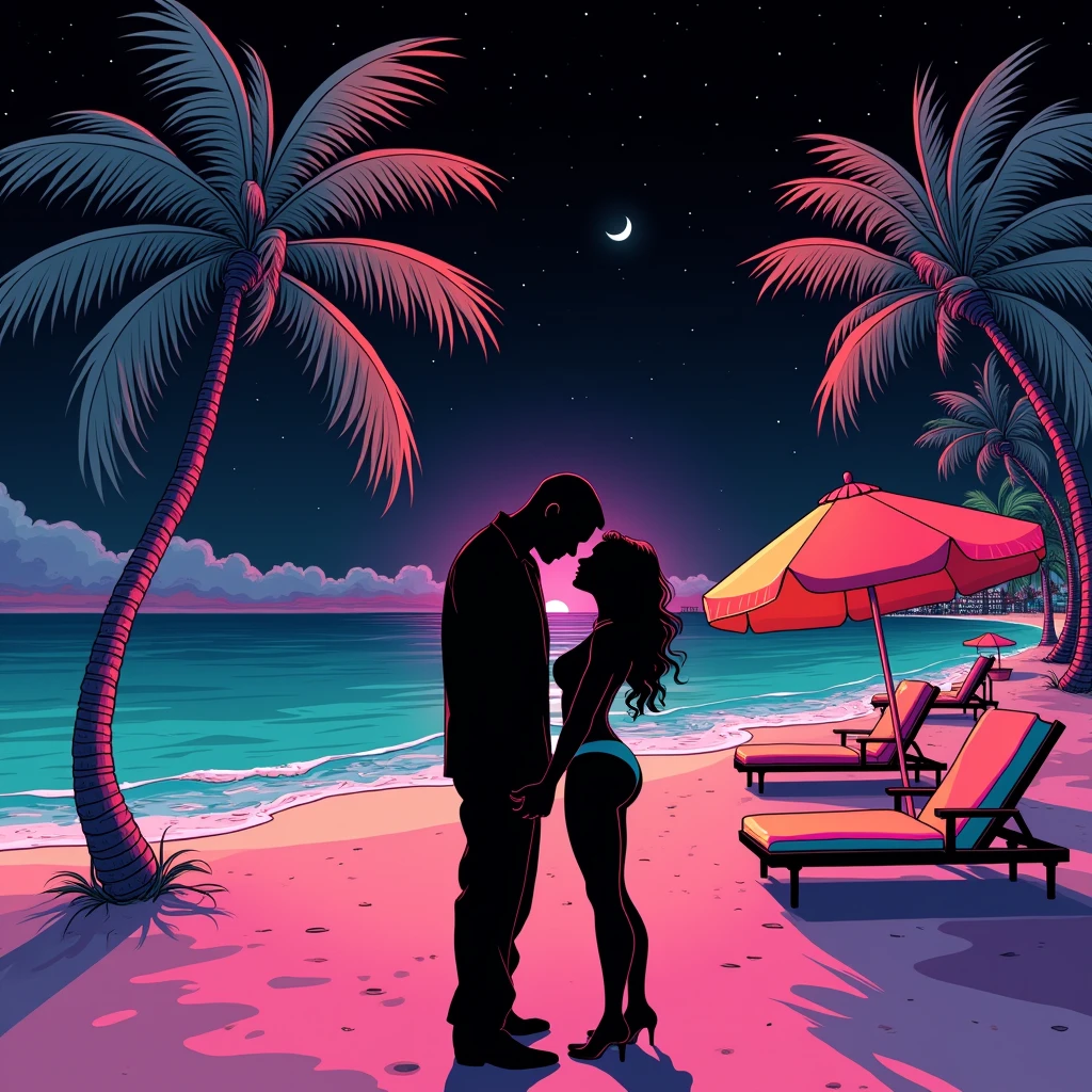 Black shadow of a man flirting with a woman on a cartoon style beach, in Vice City GTA, Black night sky