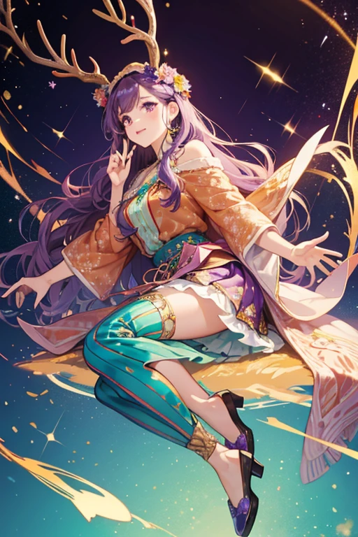 Danessa is a brown deer with purple hair and gold antlers.
She wears a salmon top and long teal skirt decorated in a floral design.
She has a salmon headpiece, cream shawl and blue shoes. SPARKLE; GLITTER