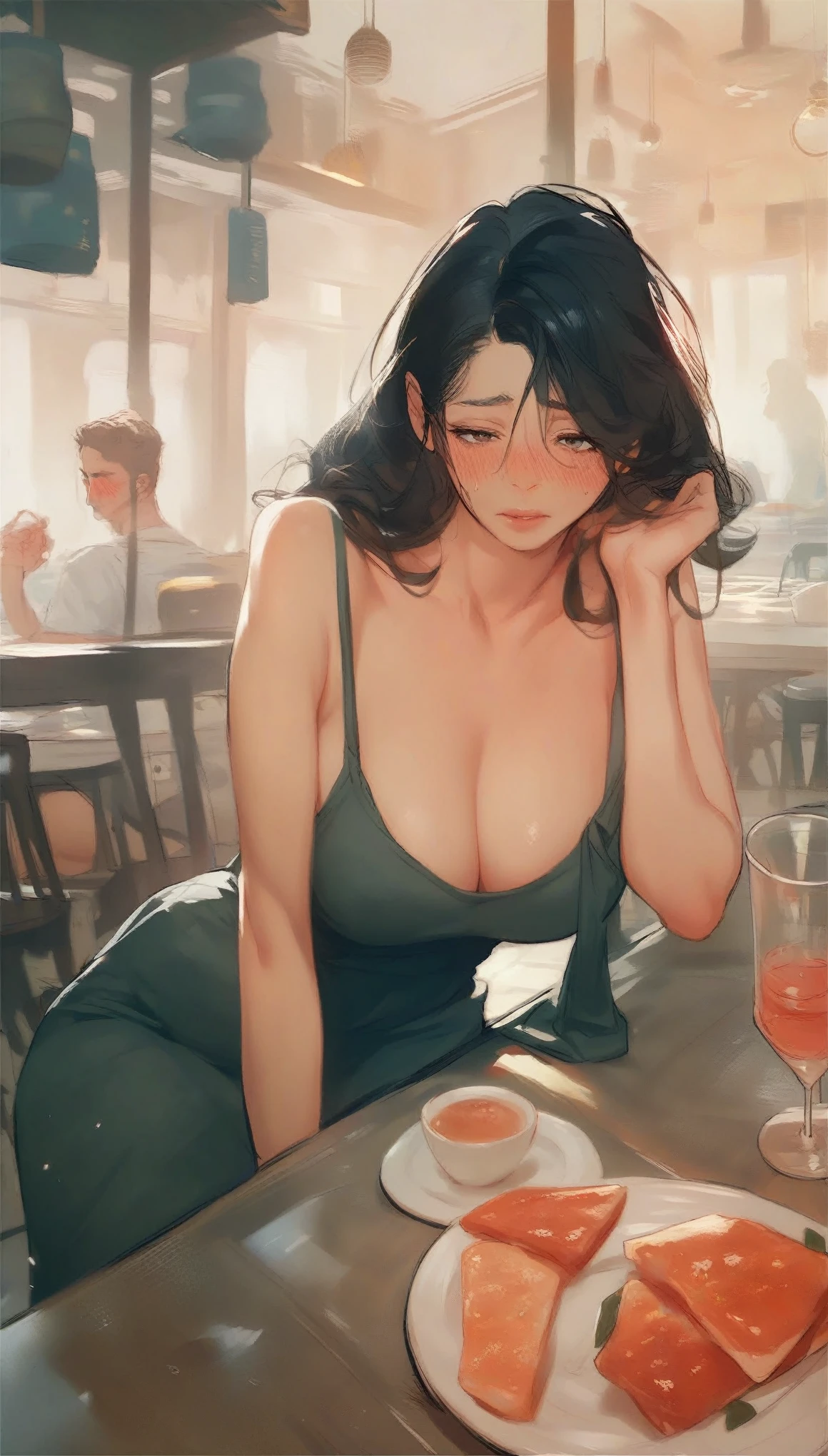 score_9, score_8_up, score_7_up, score_6_up, source_anime, rating_explicit, woman , woman with black hair, should off dress, cleavage, matured woman , restaurant, blushing