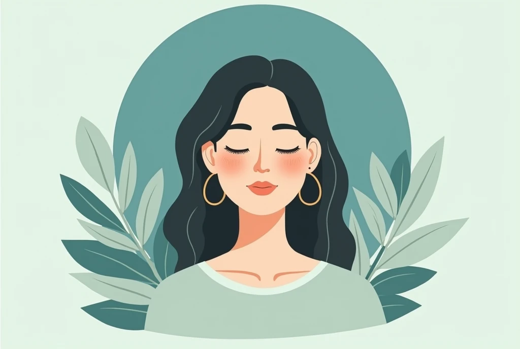 illustration portrait, une femme sophorologue, dessin très simple, non detaillé, applat de couleur, ton bleu vert, nature