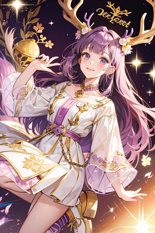 Danessa is a brown deer with purple hair and gold antlers.
She wears a white outfit decorated in a floral design.
She wears pink shoes. SPARKLE; GLITTER