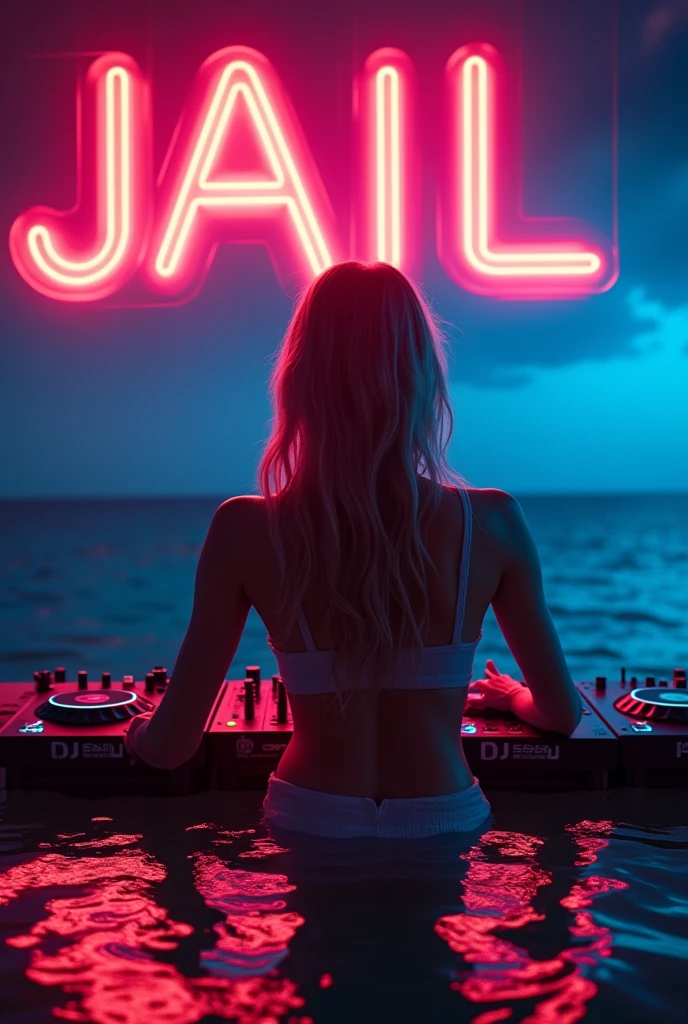 A neon sign that says JAIL。The background is a cool woman DJing in the ocean.。3d