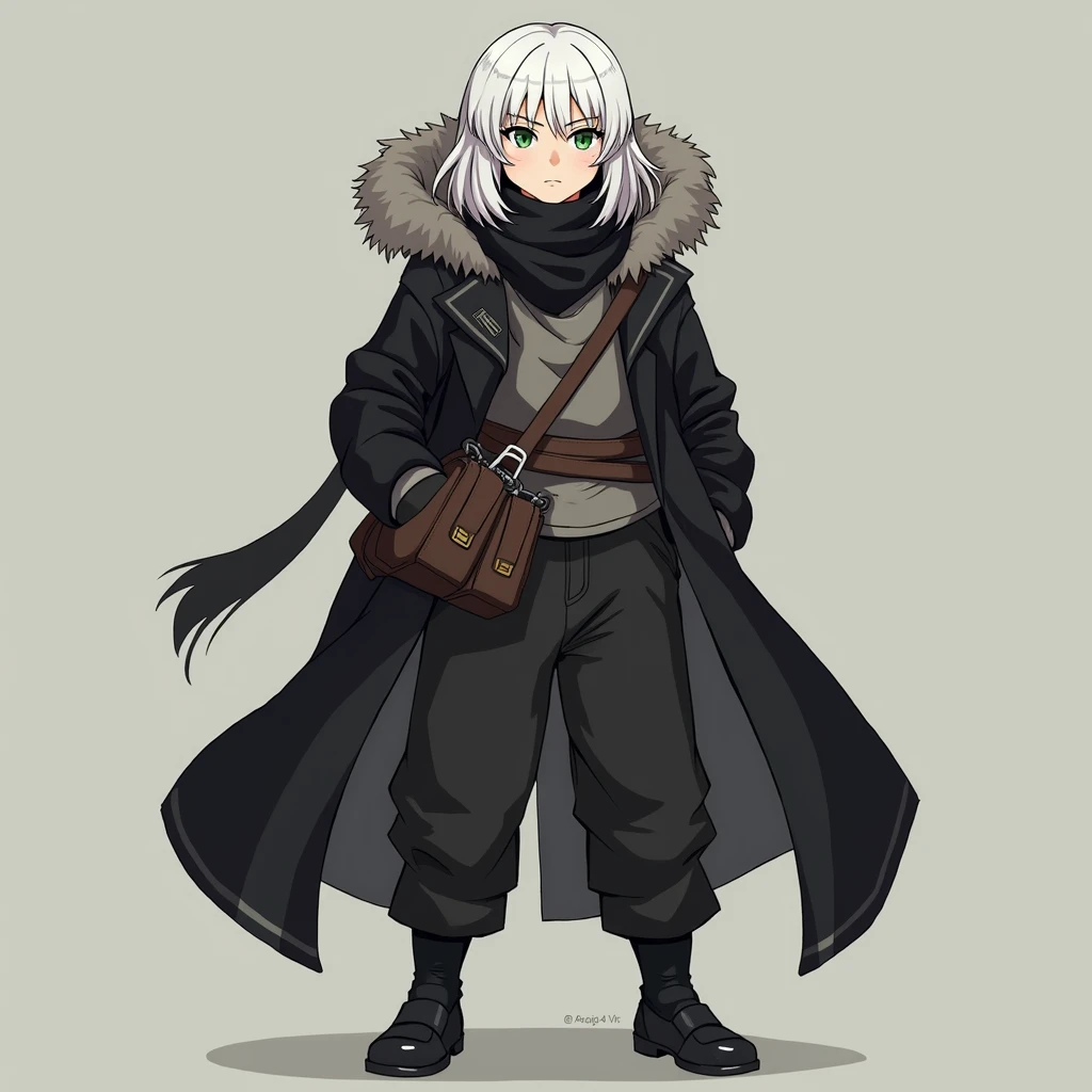 full body photo, serious face, Athletic, 31 year old Halfling, green colored eyes, medium long white hair, black scarf, black coat with gray with brown hood , medieval clothing, black sweatpants, Black boots, handbag, Anime Village saga, 4K, epic, Village saga.
