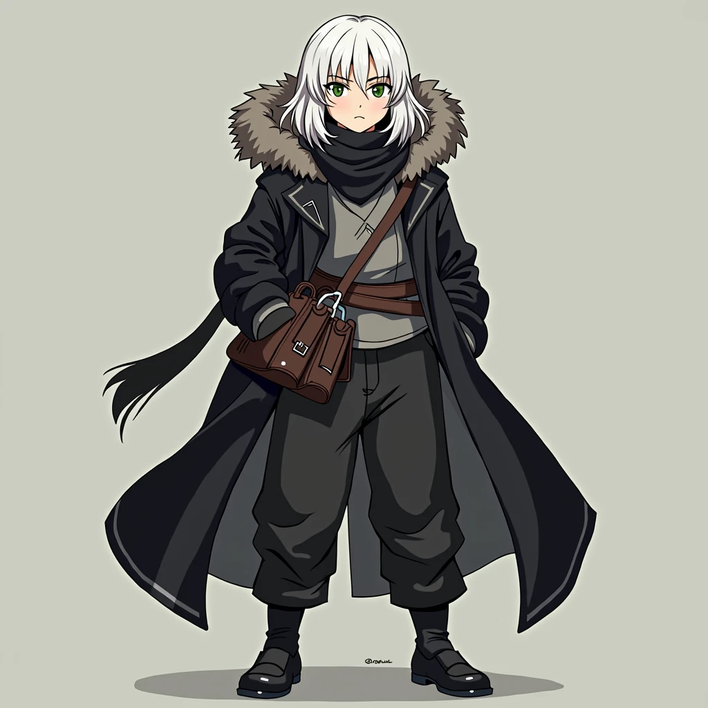 full body photo, serious face, Athletic, 31 year old Halfling, green colored eyes, medium long white hair, black scarf, black coat with gray with brown hood , medieval clothing, black sweatpants, Black boots, handbag, Anime Village saga, 4K, epic, Village saga.