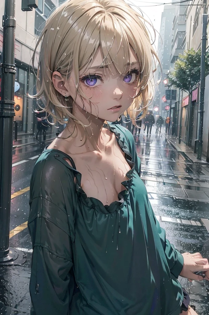 ((Nighttime, very dark image, very little light)), ((gorgeous purple eyes)), Very short hair, ((Highly detailed, extreme detail, amazing art)), raining, heavy rain, dark, midnight, 1girl, soaking wet drenched, wearing nothing but a pyjama shirt, shirt caramel-blonde hair, depressed, soaking wet hair, hair sticking to her face, heavy rain, thunderstorm, teal pyjama top, naked, petit chest, very short hair, buttoned up pyjama top, bare legs, no underwear, very dark night time, black sky, the only source of light is a single amber street light, no light, dark background, miserable, sad, crying,