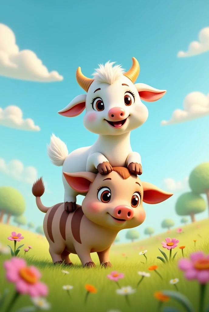 3D cartoon image of a friendly goat with legs on top of a cute little wild pig