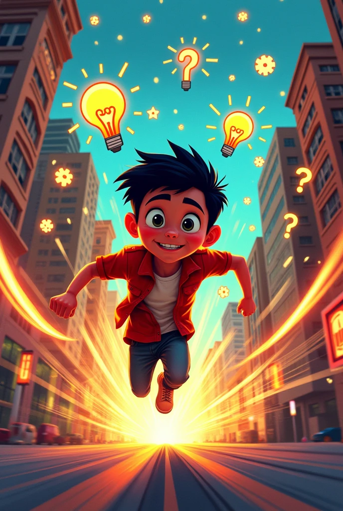 A boy named Miguel exploring his new superpowers. He is running quickly through the city, with a trail of speed behind him. The image must also show signs of intelligence, like icons of ideas or thoughts glowing around your head. The scene must convey rapid movement and an aura of intelligence; the illustration must be and cannot be realistic.