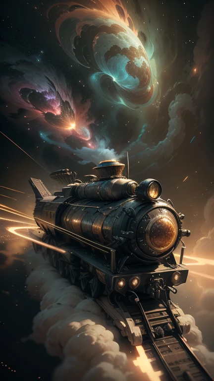 Fantasy,8k,Extremely detailed, masterpiece,High resolution,Highest quality,Increase the resolution,Cinema Lighting,Different space,4 dimensional world,Night on the Galaxy Express,cyber-,Steam locomotive type,A spaceship pulling multiple passenger cars,Maneuvering with Ether,30-car train、Run through the space zone,Numerous stars,Many Galaxies,Milky Way,Cruising at the speed of light,Seeing the Earth in the distance,Super Express,Going to Andromeda,Wide angle of view,Vision,Floating in the air,In the dazzling light,Extremely colorful,The whole carriage is visible,S-shaped,Rail of light,999,colorful cloud nebula