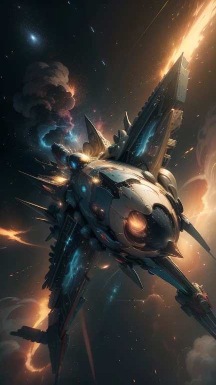 Fantasy，8k,Extremely detailed, masterpiece,High resolution,Highest quality,Increase the resolution,Cinema Lighting,Different space，4 dimensional world，Night on the Galaxy Express，cyber-，Steam locomotive type，A spaceship pulling multiple passenger cars，Maneuvering with Ether，30-car train、Run through the space zone，Numerous stars，Many Galaxies，Milky Way，Cruising at the speed of light，Seeing the Earth in the distance，Super Express，Going to Andromeda，Wide angle of view，Vision，Floating in the air，In the dazzling light，Extremely colorful，The whole carriage is visible，S-shaped，Rail of light，999，colorful cloud nebula