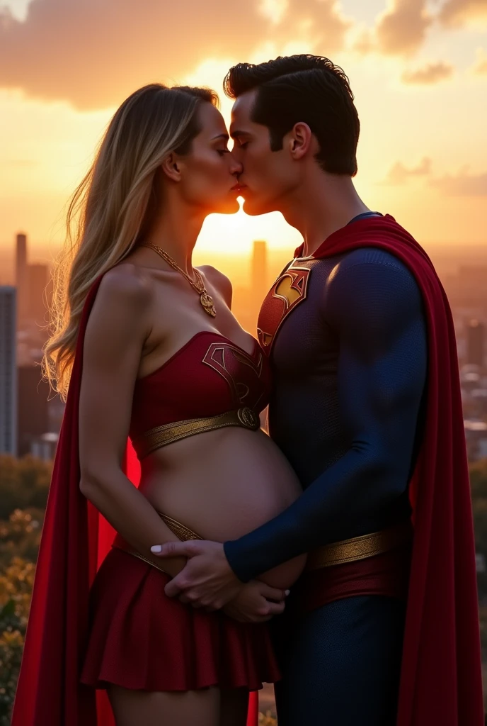 Super girl and superman are kissing, she is pregnant, intimate, bare belly