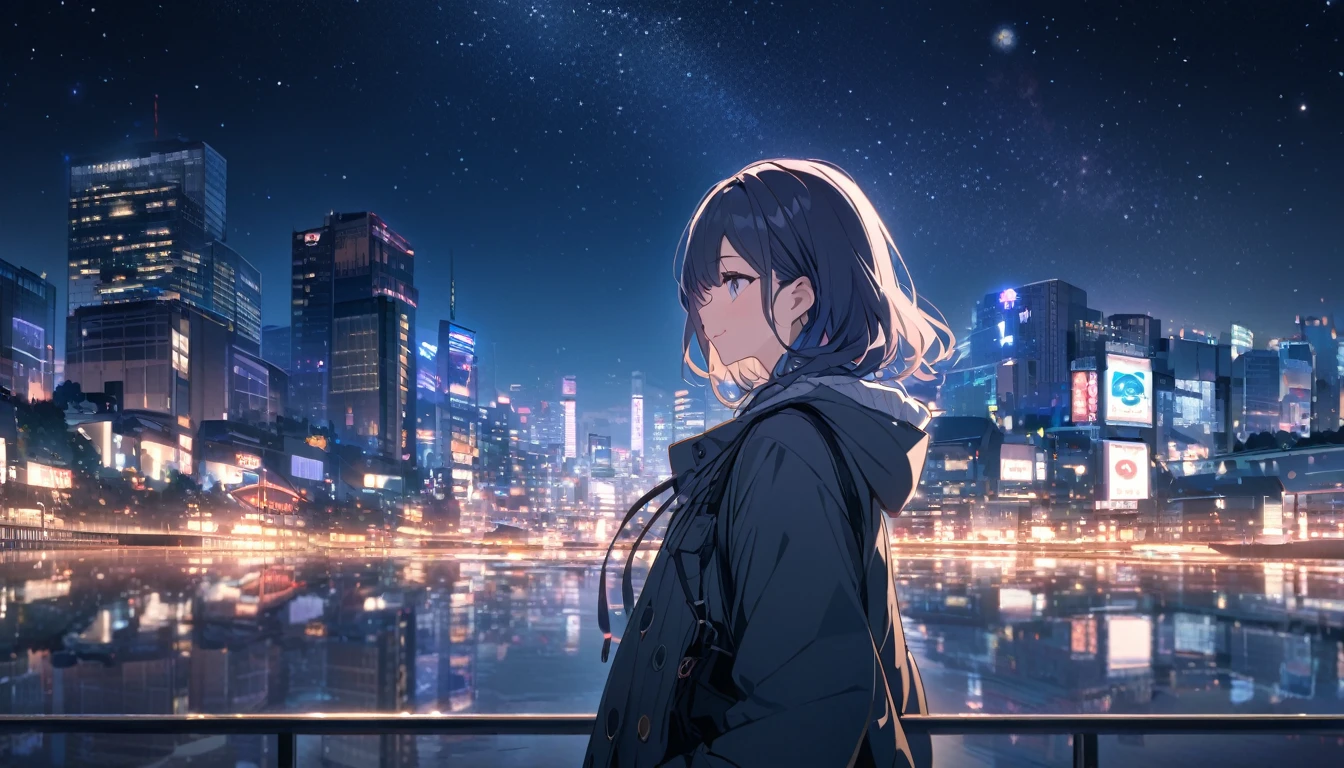 A woman looking at the city of Tokyo,Night starry sky,Streetscape、listen to music、Japanese