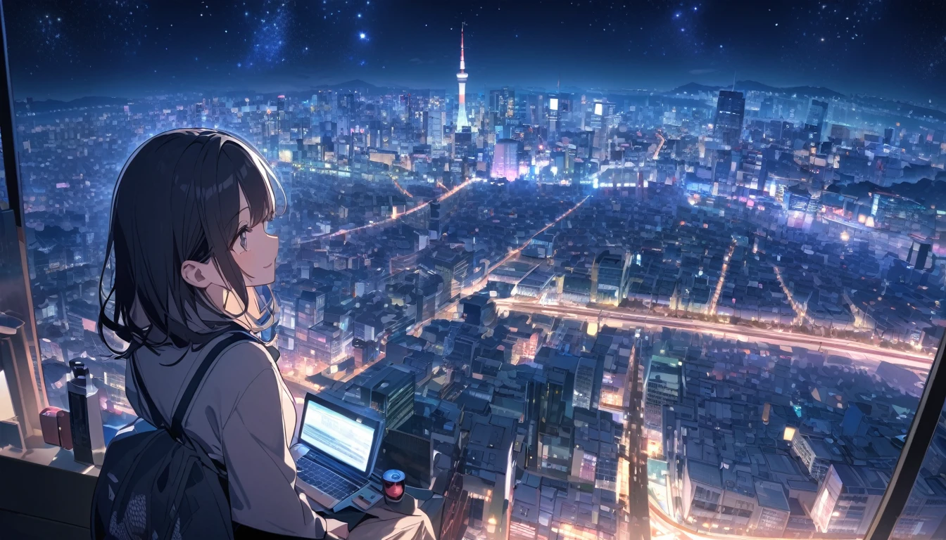 A woman looking at the city of Tokyo,Night starry sky,Streetscape、listen to music、Japanese