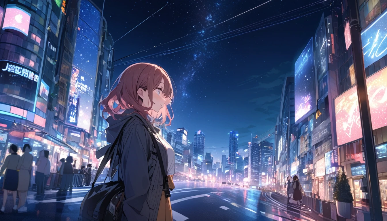 A woman looking at the city of Tokyo,Night starry sky,Streetscape、listen to music、Japanese