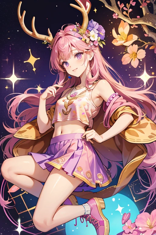 Danessa is a tan deer with purple hair and gold antlers.
She wears a pink top with a flower design and has a blue skirt with a flower design.
She comes with a salmon headpiece and pink shoes. SPARKLE; GLITTER