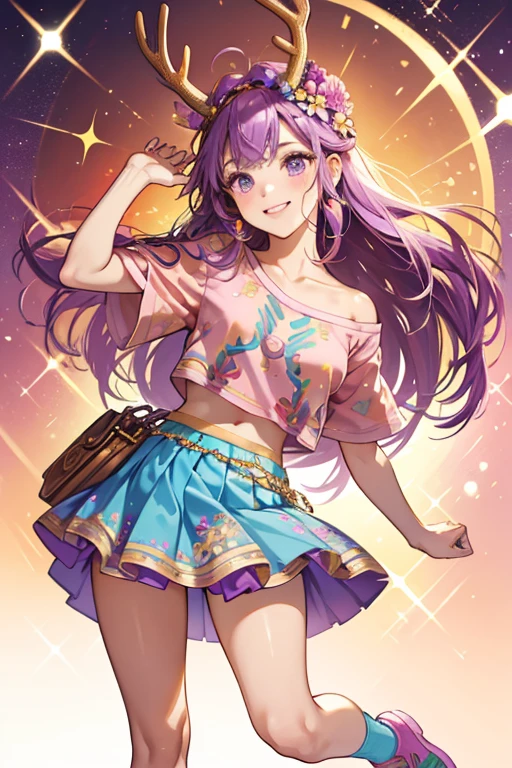 Danessa is a tan deer with purple hair and gold antlers.
She wears a pink top with a flower design and has a blue skirt with a flower design.
She comes with a salmon headpiece and pink shoes. SPARKLE; GLITTER
