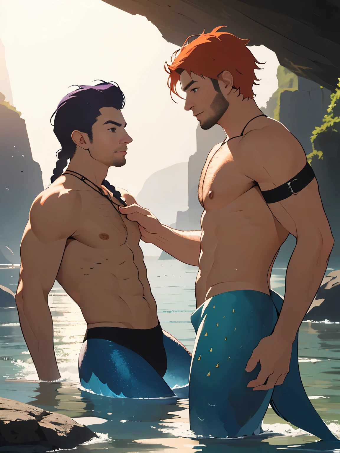 2 man,((A young 20 years old twink hairless man, accompanied by a daddy hunk man 45 years old)),two handsome men,long purple hair and braided orange hair,shirtless,(mermaid,colorful mermaid tail,multicolor,),detailed, masculine,on the seabed, beautiful corals, (best quality, detailed facial features,4k, 8k, high resolution, masterpiece: 1.4), rays of light, water reflection, (hairyalpha:1)