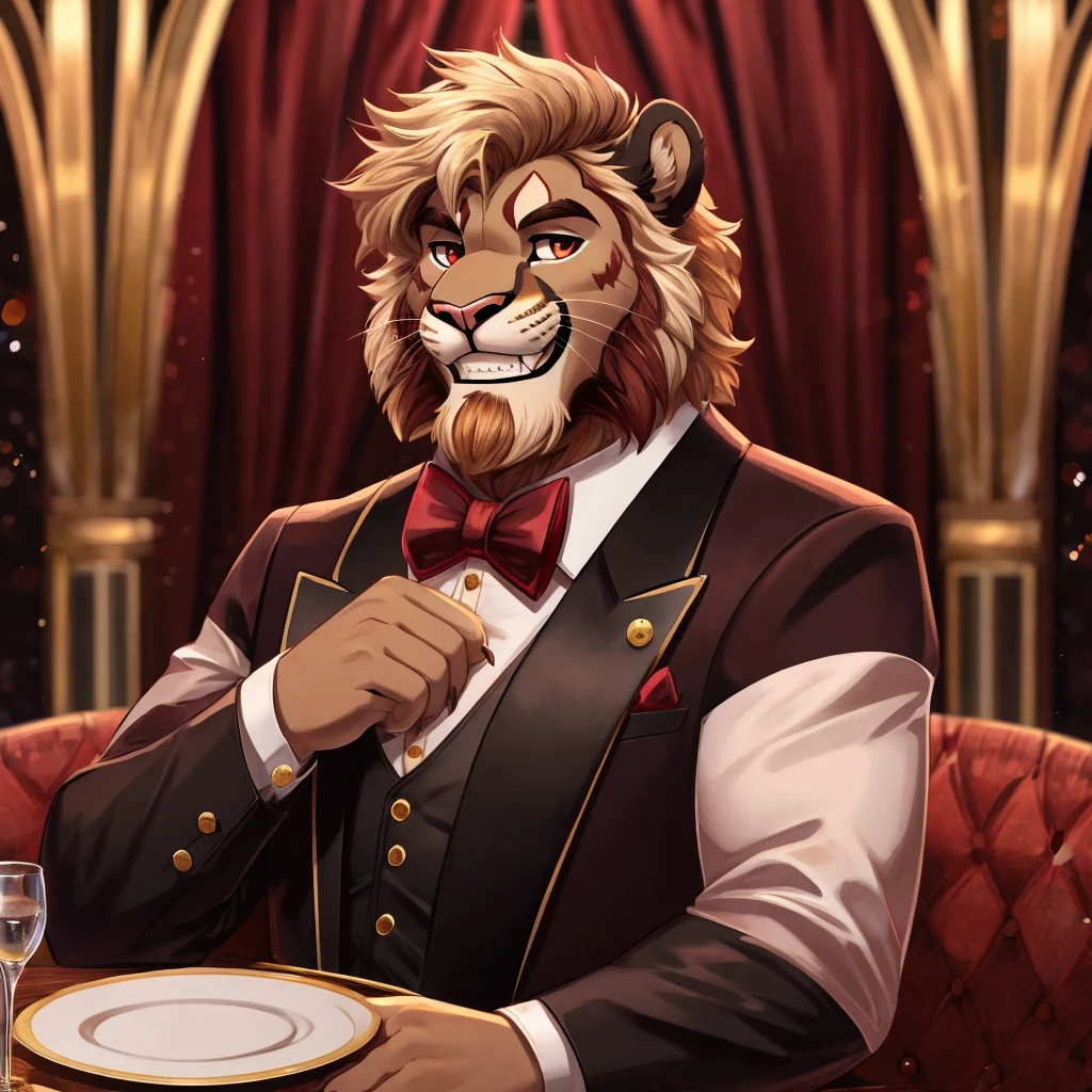 solo male semianthro mountain lion,red-blond shaggy mane with bleached blond tips,reddish blond beard,chubby soft body,daddy,dark brown tuxedo with maroon shirt and gold bowtie,medium stature,fancy dinner background,toothy grin