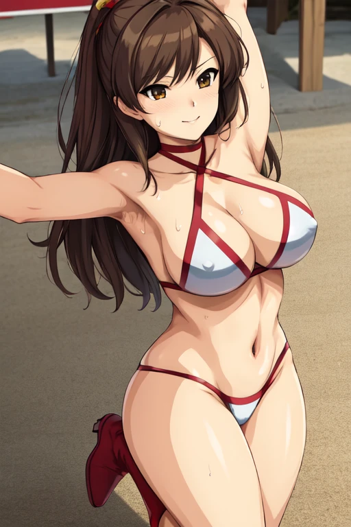 masterpiece, best quality, beautiful art, high resolution, well formed hands, body and fingers, 1 woman, solo, Haruhi Suzumiya, 31 years old, full body picture, grown up, adult, large and big breasted, cleavage, hair ornament, wearing a Tyris Flare outfit , white_bikini, full body, sexy and skimpy bikini, gorgeous hips, legs and thighs bouncing breasts, red boots, fighting in a combat match, showing her fighting skills, making her guard, about to hit the viewer, looking at the viewer, camera focus on her bouncing breasts, sweating, bouncing breasts, smiling joyfully and brightly, seductive face, being confident and proud, action and fighting scene, martial arts tournament on the beach fighting in a combat match, showing her fighting skills, making her guard, about to hit the viewer, looking at the viewer, cowboy shot on her bouncing breasts, sweating, bouncing breasts, smiling joyfully and brightly, seductive face, being confident and proud, action and fighting scene, martial arts tournament on the beach 