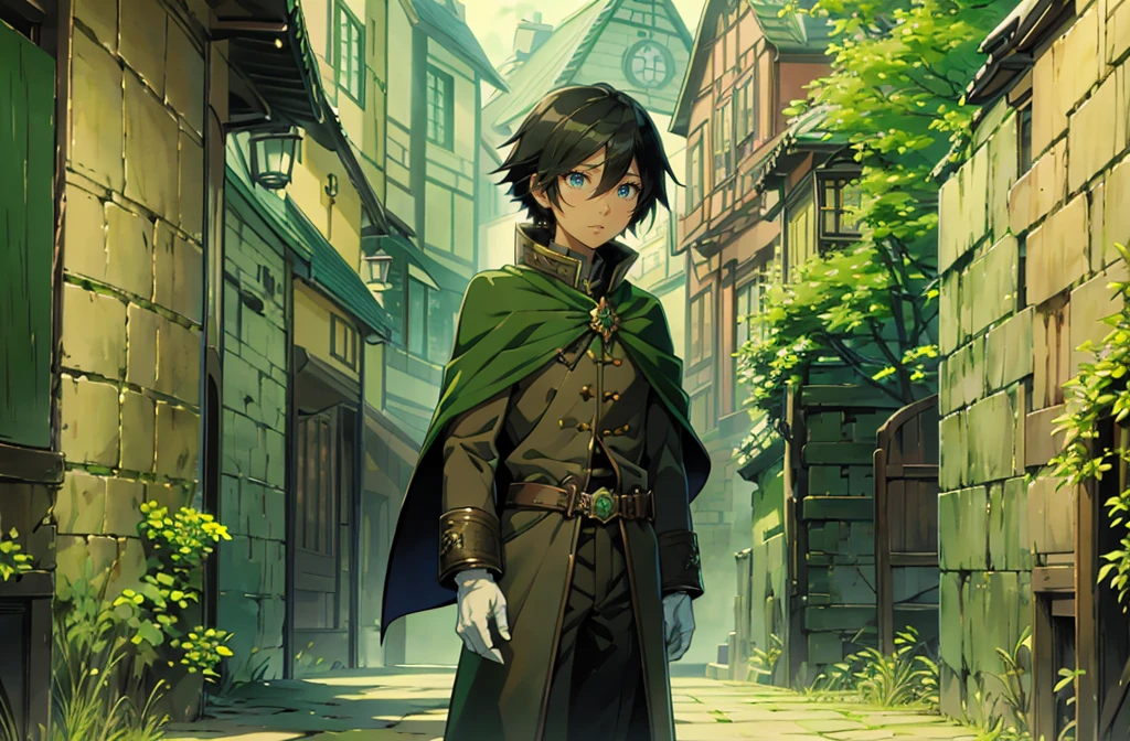 yuichiro hyakuya, (WithoutFear:1), 1 boy, black hair, green eyes, brown coat, gray armor, green shield, green cloak, dark brown gloves, town, white fur trim, tall, anime, standing, good quality, portrait, looking at viewer