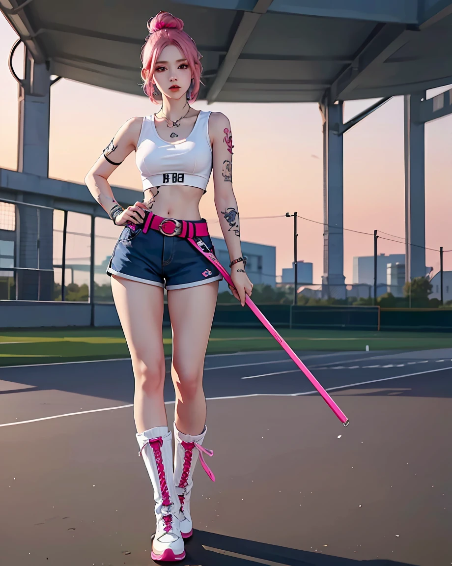 Perfect style, beautiful  face, Highly detailed texture of face and skin, (maximum resolution: 1.2), 1 female, standing alone, hip up, jewerly, (((He has many tattoos all over his body)), urban fashion, play sports frequently, pink  hair, Shorts, sports boots, (((cinched waist))), ((breasts big))