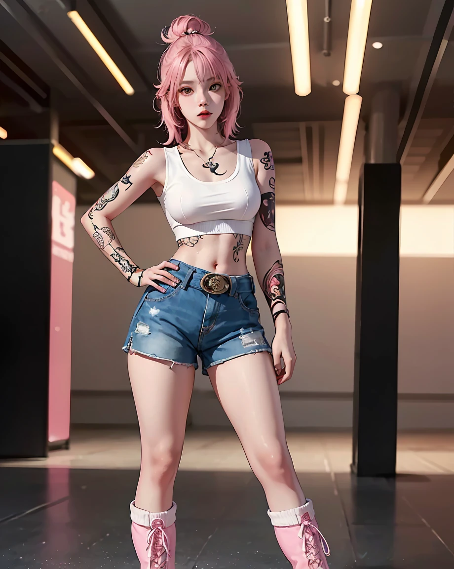 Perfect style, beautiful  face, Highly detailed texture of face and skin, (maximum resolution: 1.2), 1 female, standing alone, hip up, jewerly, (((He has many tattoos all over his body)), urban fashion, play sports frequently, pink  hair, Shorts, sports boots, (((cinched waist))), ((breasts big))