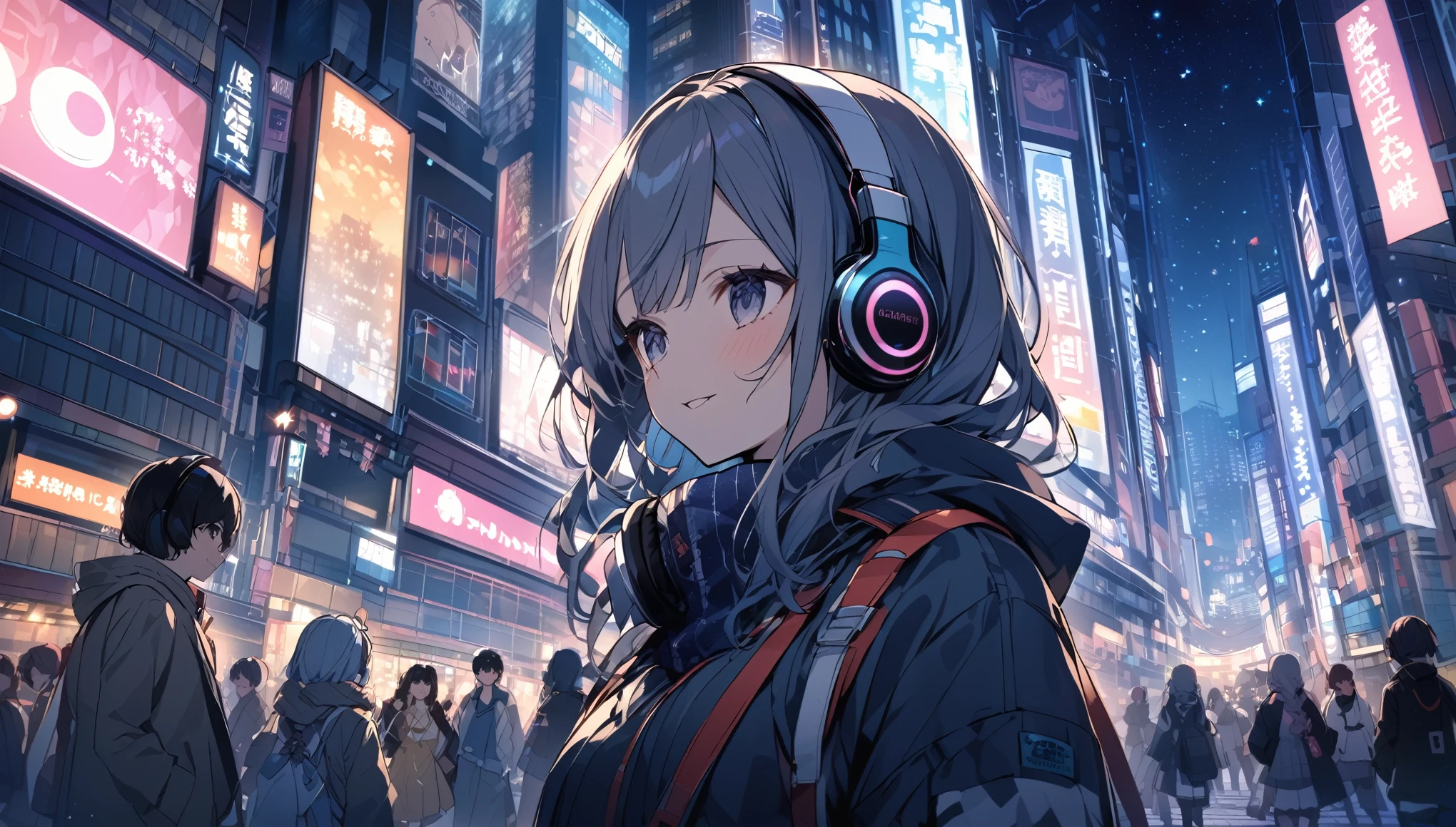 Woman wearing headphones looking at the city of Tokyo,Night starry sky,Streetscape、listen to music、Japanese
