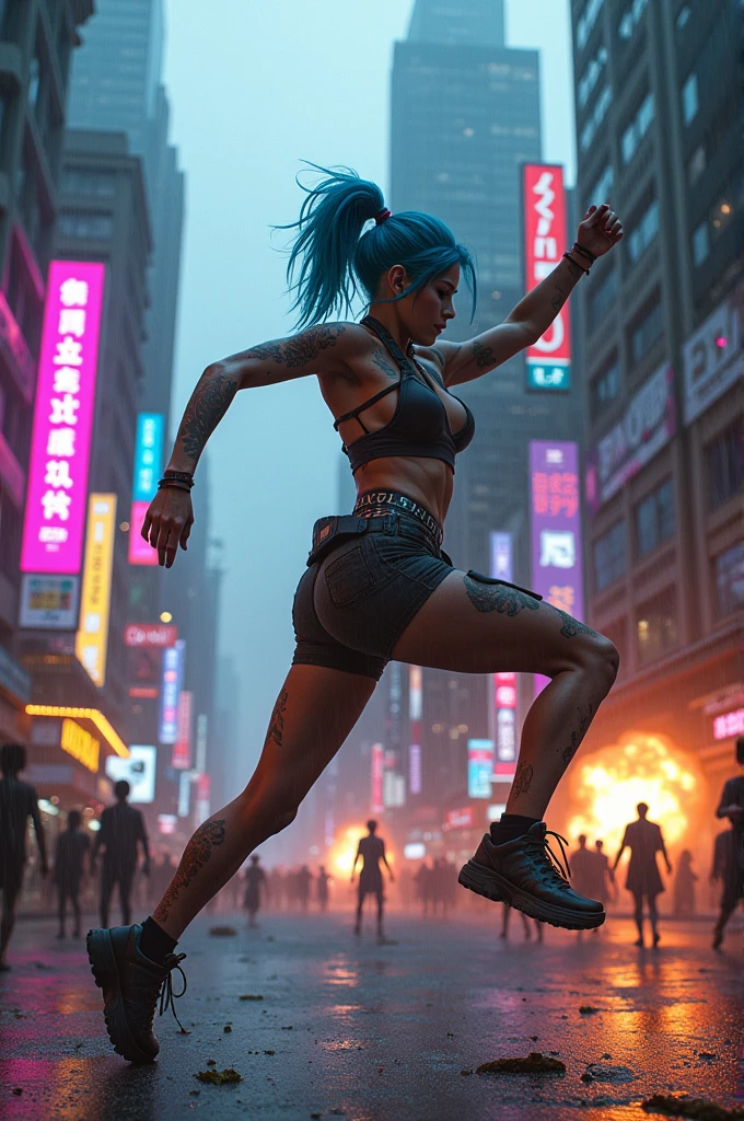 Create a Cyberpunk Girl , dodging a bazooka , while it's in the air , and around it there is a city in pure chaos