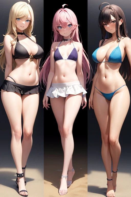 ((best quality)), ((masterpiece)), (detailed), 4 people, 4 girls gathered on the beach, photo pose, a girl, full body, 20 years old, young adult, happy face, smile, young adult, tall, blue eyes, long blonde hair, hair ornaments, star hair ornaments, bangs, big breasts, sexy purple bikini, bikini with stars, seductive legs, a girl, full body, 20 years old, young adult, surprised face, young adult, tall, green eyes, short pink hair, bangs, medium breasts, sexy blue bikini, seductive legs, sexy legs, a girl, full body, 19 years old, angry face, young adult, somewhat short stature, purple eyes, brown hair, slightly wavy hair, long hair, bangs, blush, very small breasts, sexy white bikini with skirt, seductive legs, a girl, full body, , young adult, embarrassed face, tall, gray eyes, long hair white, spiky hair, ahoge, bangs covering her right eye, very small breasts, flat chest, sexy black bikini, seductive legs, beach background, looking at me, anime