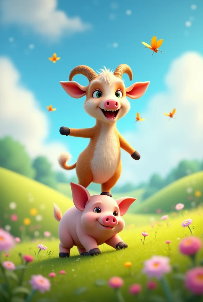 3D cartoon image of a friendly goat with only one leg on top of a cute little wild pig