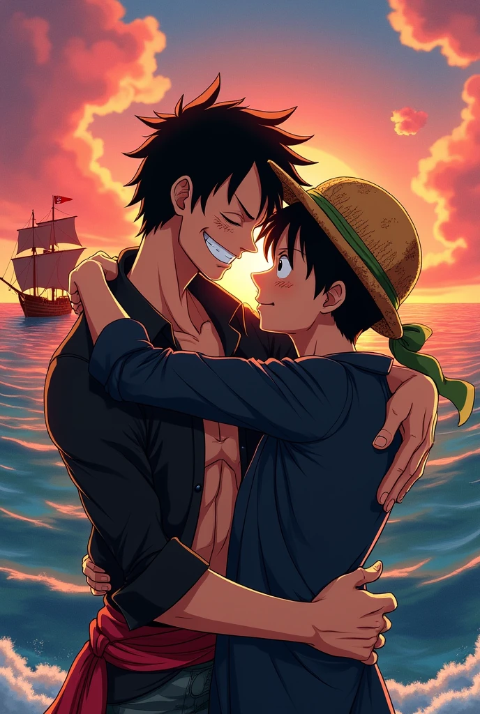 Luffy hugging Zoro