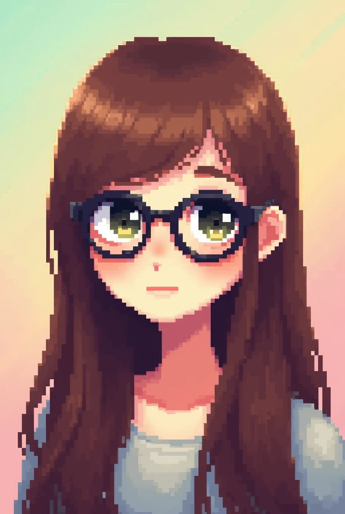 Pixel art profile picture of a girl with long straight brown hair and glasses