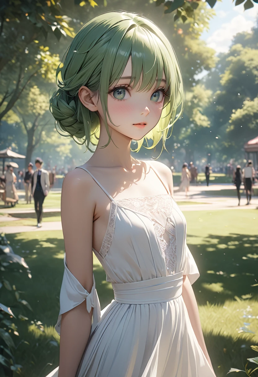 A beautiful, サーナイト、green hair, flat chest, 赤い瞳、detailed eyes, in a park setting, cinematic, masterpiece, high quality, 4k, 8k, hyperrealistic, photorealistic, ultra-detailed,, natural lighting, elegant、スレンダー、