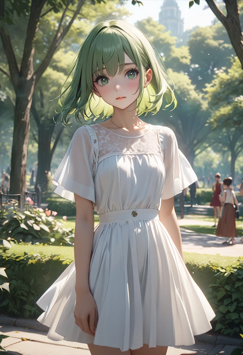 A beautiful, サーナイト、green hair, flat chest, 赤い瞳、detailed eyes, in a park setting, cinematic, masterpiece, high quality, 4k, 8k, hyperrealistic, photorealistic, ultra-detailed,, natural lighting, elegant、スレンダー、