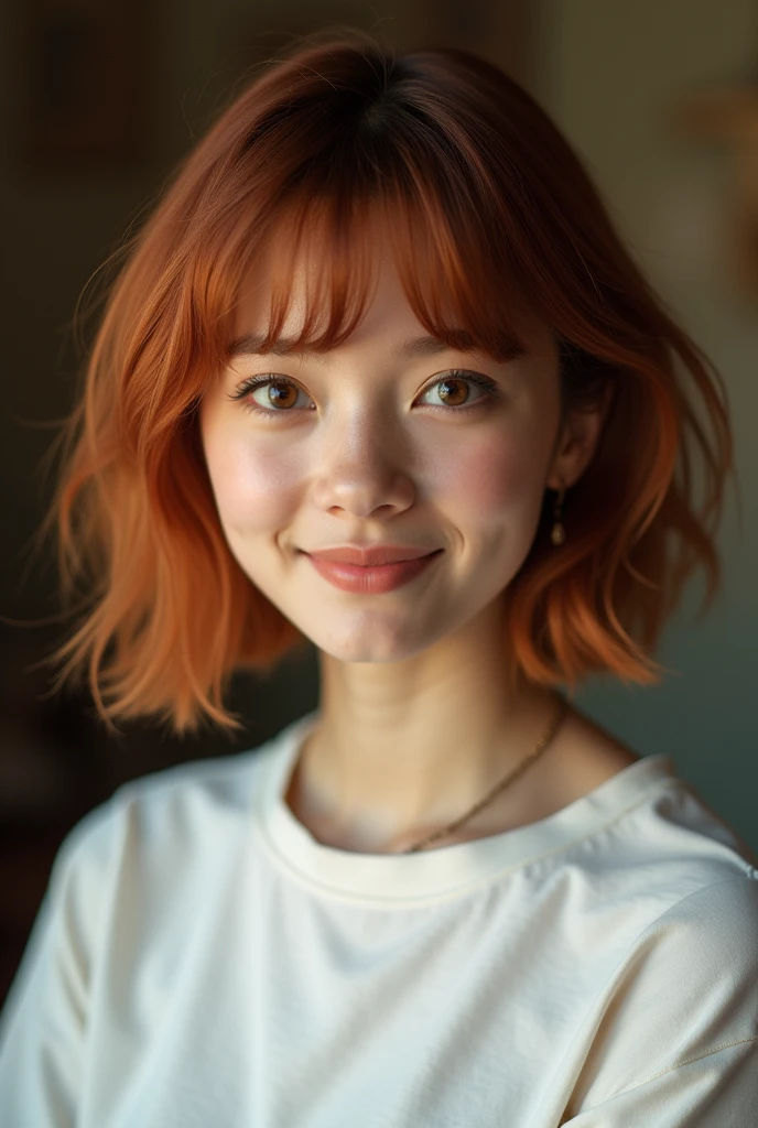 realism. portrait. looking at the camera. woman. young adult. small face. big eyes. brown eyes. small nose. full lips. bun. auburn hair. smile. white t-shirt.vintage. bob