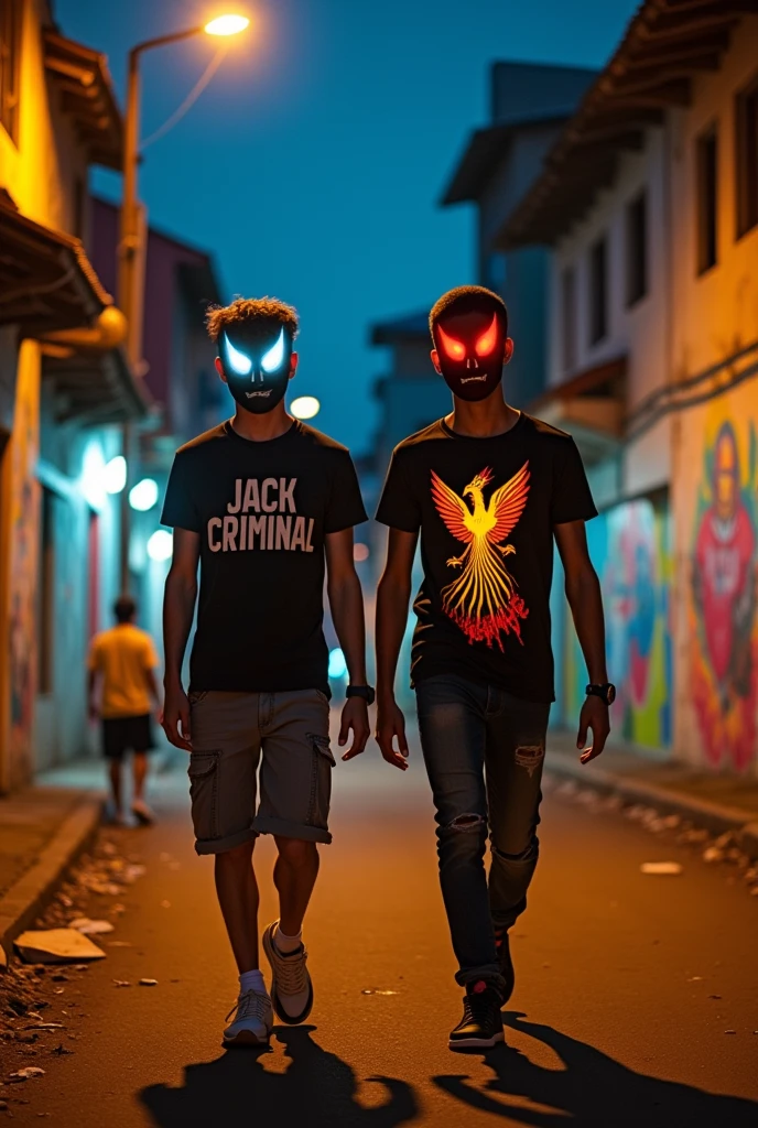 Two young men wearing masks with white and red cartoon eyes walking in a favela at night and their shirts say... Jack The Criminal and the other his shirt says... The Phoenix and the shirt be of a phoenix