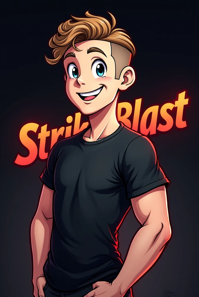 Create an image for stream anal with minimum dimensions of 128x128px and maximum of 3000x3000px that is cartoon style and has the word StrikeBlast written on it., with a dark but striking background but with a cartoonish white man , with black shirt, Light brown hair, slightly curly and shaved on the sides