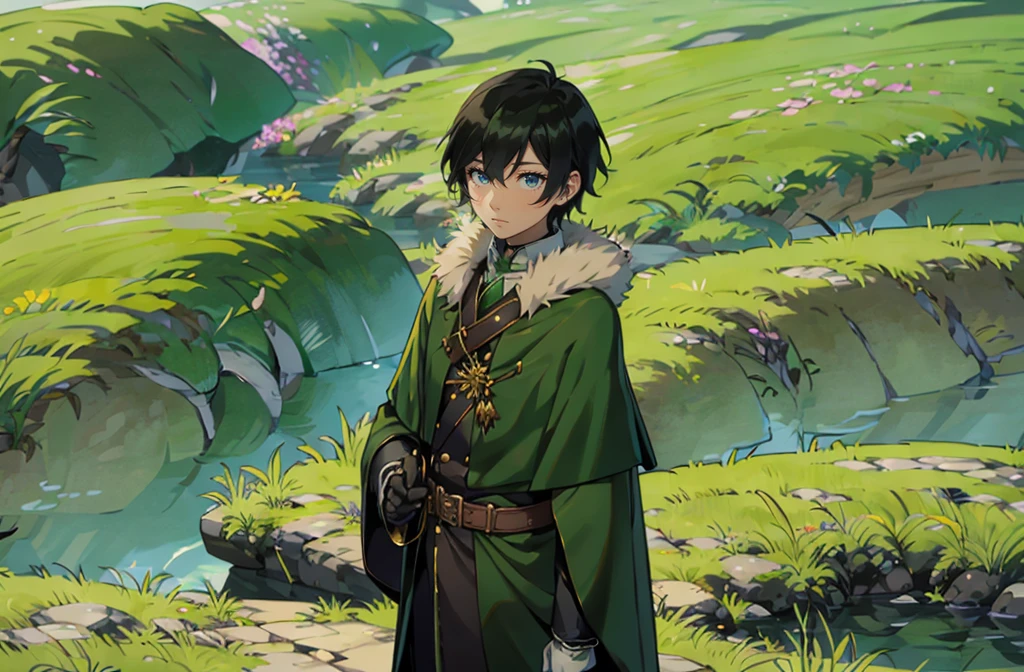yuichiro hyakuya, (WithoutFear:1), 1 boy, black hair, green eyes, brown coat, gray armor, green shield, green cloak, dark brown gloves, town, white fur trim, tall, anime, standing, good quality, portrait, looking at viewer
