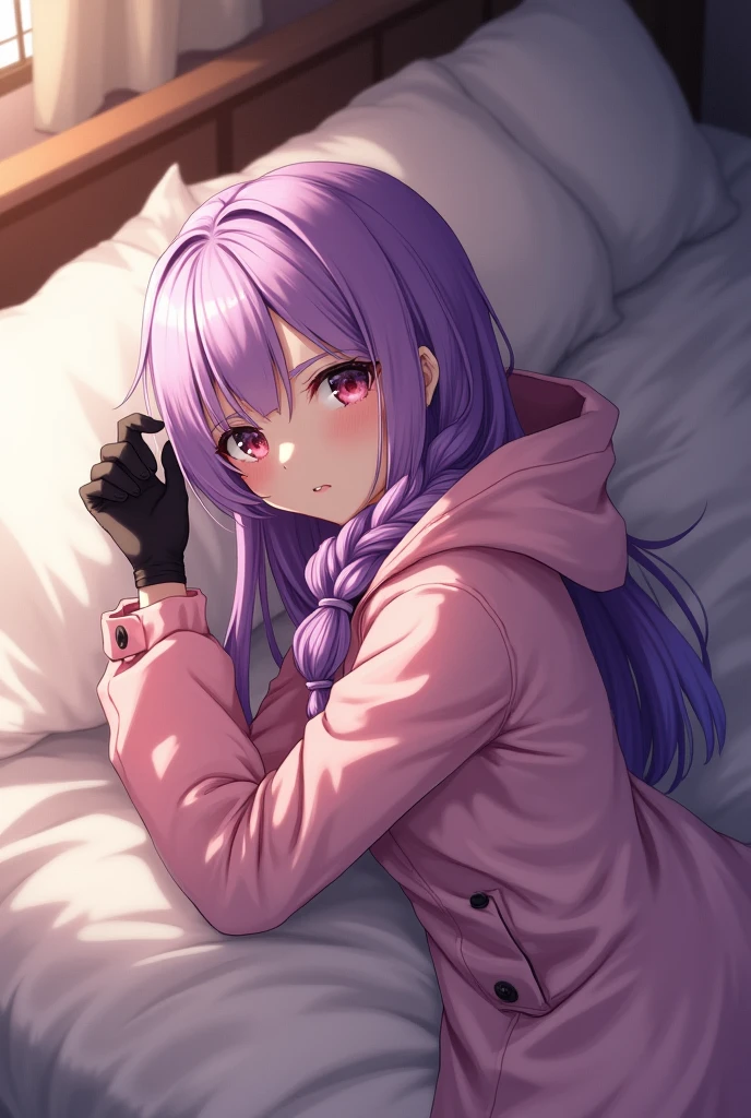 (1girl, kirigiri kyoko, danganronpa), masterpiece, best quality, 8K, ultra-detailed, laying in bed, sheets, embarrassed face, blush (((light pink raincoat))), (((buttoned raincoat))), (shiny raincoat), hooded raincoat, wearing hood, Kyoko, purple eyes, purple hair, long hair, braid, black gloves, purple jacket, purple skirt, brown necktie, white shirt, boots. She is shy because you said you love her. 