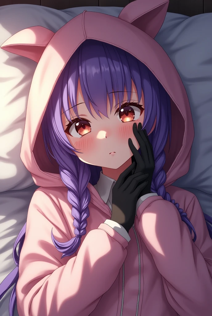 (1girl, kirigiri kyoko, danganronpa), masterpiece, best quality, 8K, ultra-detailed, laying in bed, sheets, embarrassed face, blush (((light pink raincoat))), (((buttoned raincoat))), (shiny raincoat), hooded raincoat, wearing hood, Kyoko, purple eyes, purple hair, long hair, braid, black gloves, purple jacket, purple skirt, brown necktie, white shirt, boots. She is shy because you said you love her.